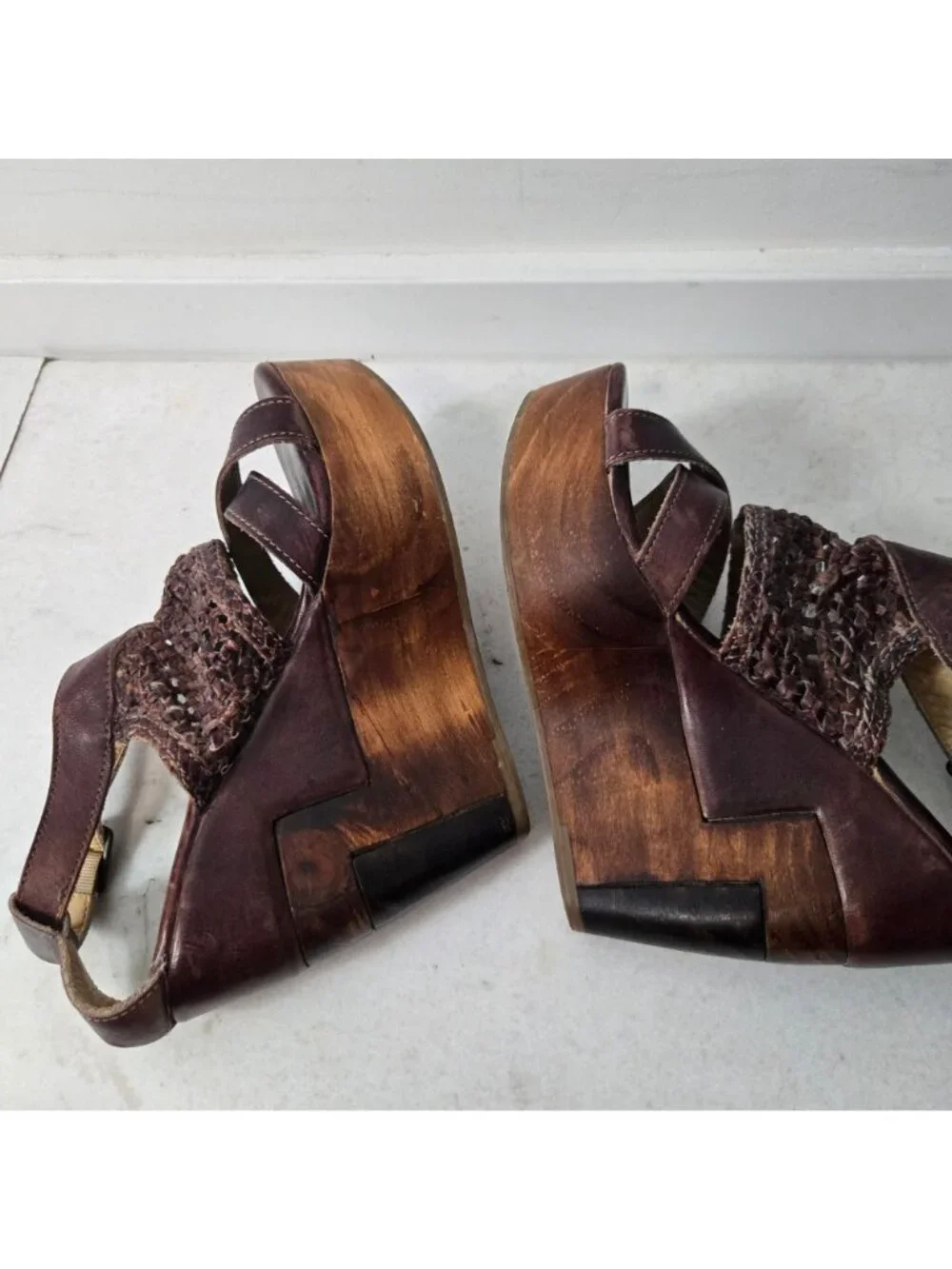 Bed Stu Size 10 Petra Handwoven Leather Wood Platform Wedge Sandals